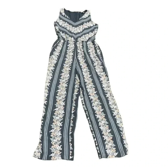 LOFT Floral V-Neck Jumpsuit Smocked Drawstring Waist Gray Size S Casual Party - Picture 1 of 5